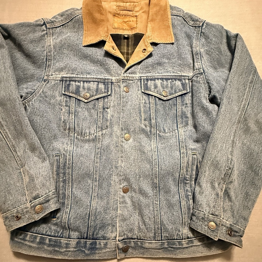 Sonoma Mens M Denim Trucker Jacket Flannel Fleece Lined Corduroy Collar Jean
